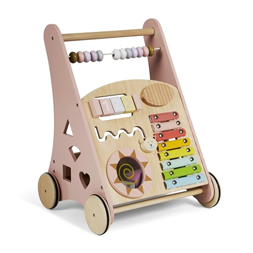 Buddy Baby Montessori- Andador bebés de madera - Carrito correpasillos para primeros pasos con juguetes y actividades - Carro caminador para bebé +12 meses (Laponia/Rosa)