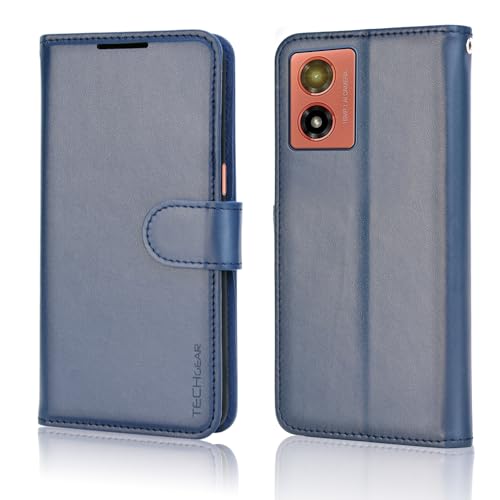 TECHGEAR Moto G04 / Moto E14 / Moto G24 / Moto G04s Phone Leather Wallet Case, Flip Protective Cover with [RFID BLOCKING] Wallet Card Holder, Stand & Wrist Strap, Blue PU Leather with Magnetic Clasp