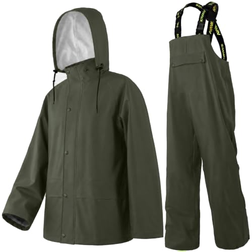 Image of Men's Workwear 3-Piece Waterproof PU Rain Suit Set | Hooded Jacket & Bib Pants, Sealed Seams, Storm Flap, Adjustable Suspenders, Flap Pockets, Outdoor Work, Fishing, Farming