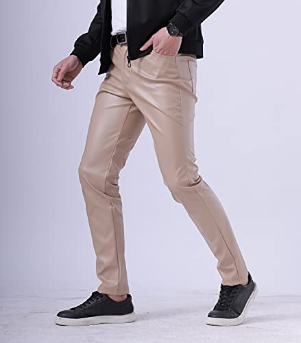 Men`s Summer Business Thin Slim Fit PU Dress Faux Leather Pants Jeans Khaki/333