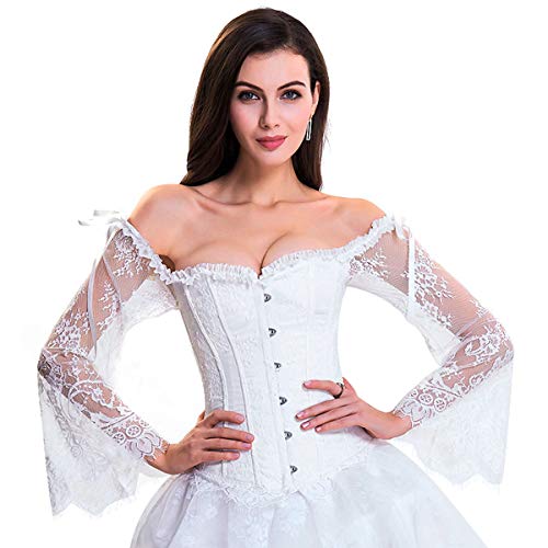Kimring Women's Steampunk Victorian Elegant Off Shoulder Jacquard Overbust Corset with Floral Lace Long Sleeves White Large