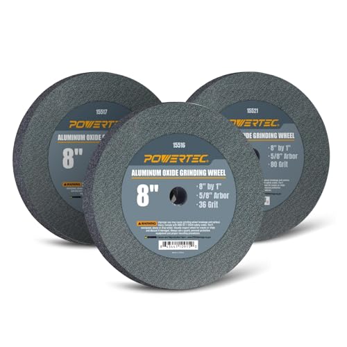 POWERTEC Bench Grinder Wheel 8 Inch White 36/60/80 Grit, Aluminum Oxide Grinding Wheel for Bench and Pedestal Grinder, 1" Thick 5/8" Arbor, Sharpening & Shaping Drill Bits, Blade, Chisel, 3PK (15531)