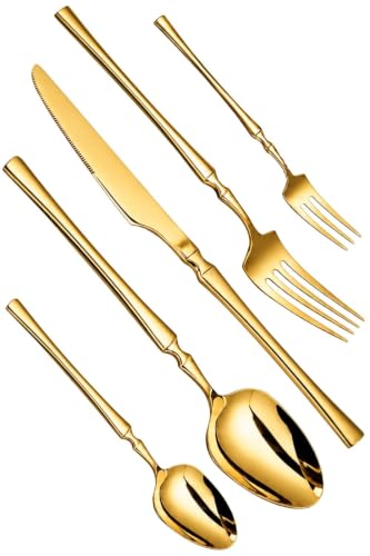 Image of Elegant Handle Gold 20 Pcs Heavy Duty Stainless Steel Cutlery Set for Dining Table (4 pcs Spoon Set+4 pcs Forks Set+4 pcs Butter Knife+4 pcs Dessert Spoon+ 4 Pcs Fuit Fork for Kitchen)