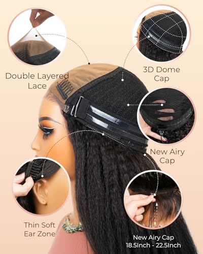 Image of Arabella 3 In 1 Half Wig Kinky Straight Upgraded Glueless Wigs HD Lace Human Hair Yaki Straight Invisible Hairline 210% Density 12A Wear & Go 3D Cap Seamless Drawstring Beginner Friendly 20 Inch