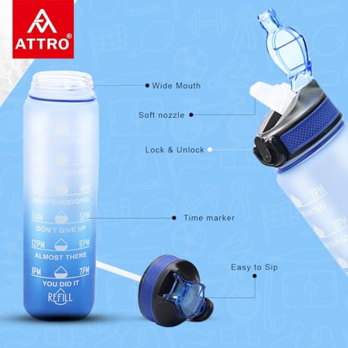 Image of ATTRO Prime Motivational Water Bottle-Set of 3-Dark Blue /Sky Blue-1L