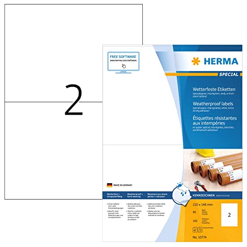 Herma 10774 - Etichette Resistenti Alle Intemperie, 80 Fogli, 210 X 148 Mm, 2 Fogli Per Formato A4, 160 Adesivi, Stampabili, Opache, Per Esterni, In C