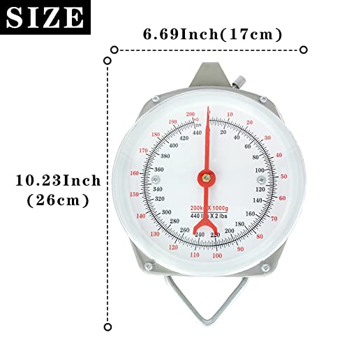 Pinra Mechanical Hanging Scales, 440Lb/200Kg High Accuracy Large Display Spring Dial Weight Scale Portable Hand Held Dial Weight Scale For Kitchen Fishing Hunting Farms Silver Gray 200Kg #TOP3