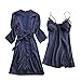 Sunenjoy 2PCs Ensemble de Lingerie Pyjama Femme Chic Peignoir Satin Soie Dentelle + Robes Nuisette Déshabillé Chemise Kimono Sexy Érotique sous-Vêtements Babydoll Grande Taille S-3XL (XL, Marine)