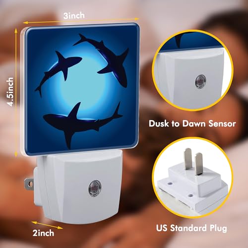 Image of Ocean Floating Sharks Night Light,Plug into Wall with Dusk to Dawn Light Sensors,LED Nightlights for Bedroom,Bathroom,Kitchen,Hallway,Room Decor for Boys Girls Women Men
