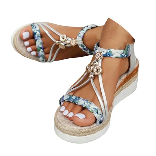 Générique Sandales Compensées Femme, Modèle Bohème à bout ouvert avec talon plateforme, Chaussures nu-pieds en cuir agrémentées de décorations,...