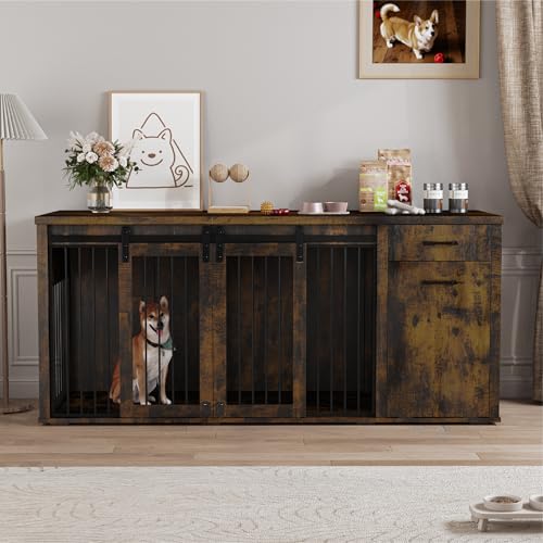 YOCONYO Large Dog Crate Furniture Large Breed,71 Inch Wooden Dog Crate with Tilt Out Trash Cabinet,Drawers,Divider and Sliding Barn Door, Double Doors Dogs Crate for 2 Dogs (Modern Walnut)