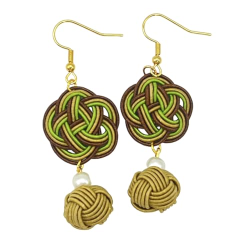 和風 水引・梅結び フックピアス 小 ハンドメイド アクセサリー kimono 和装 浴衣 かわいい おしゃれ Japanese mizuhiki (ブラウン×グリーン)