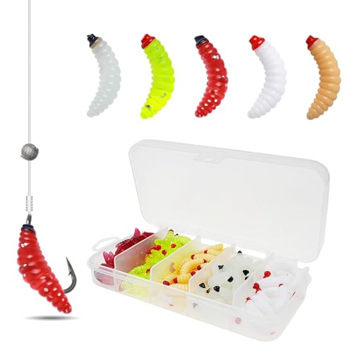 LUMOOM 100 gusanos artificiales de cebo artificial, gusanos de plástico, para trucha, tipo de pez, pan, trucha de mar, pesca de hielo