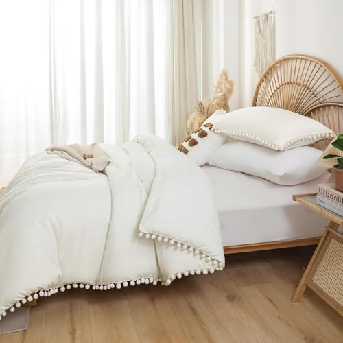 YIRDDEO King Size Comforter Set in Ivory, 3pcs Boho Ball Pom Lightweight Bed Comforter, Soft Solid Color Bedding Comforter Sets for All Seasons (Ivory, King, 104"x90")