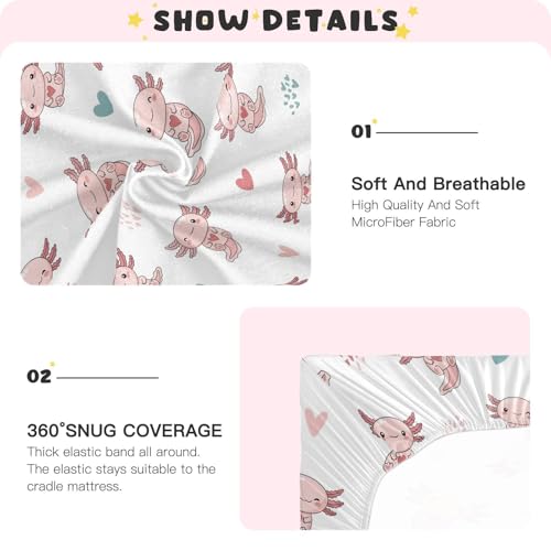 Image of Axolotl Hearts White Fitted Crib Sheet for Boys Girls Baby Crib Bedding Sheet for Toddler Mattresses,39 x 27 in