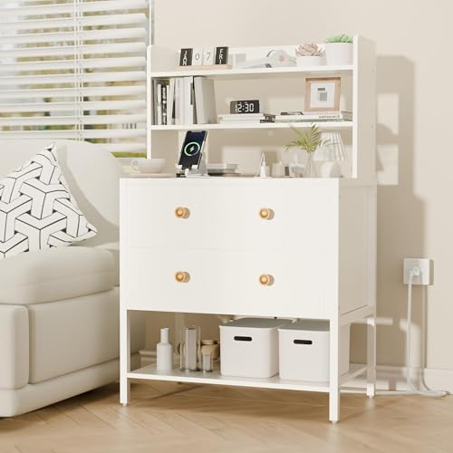 PATAVOT 39 Inch Tall Nightstand with 2 Drawers & Charging Station White