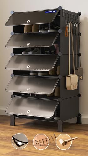 Image of BOXJOY 5 Shelf Shoe Rack with 5 Doors, Magnets, 5 Hook Steel Holder & Wooden Hammer for Home Storage PP Plastic Organizer with Metal Door Frame to Cover Chappal Slipper Sandals Shoes Box Stand (Black)