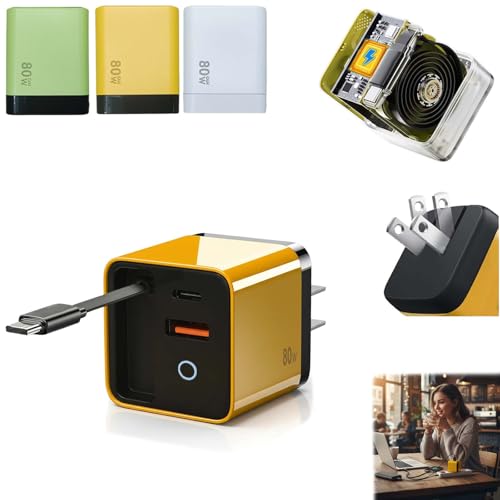 3 in 1 80w max Retractable USB-C Fast Charging Wall Charger with Built-in Cable Compact Travel-Ready Design Easy to Carry Ideal for Hotel Stay Desktop Charging & On-the-Go Use (Yellow)