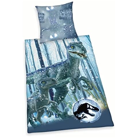 Herding Disney's Jurassic World Bedding Set, Pillowcase 80 x 80 cm, Duvet Cover 135 x 200 cm, With Button Closure, 100% Cotton/Flannel, Multicoloured Cover