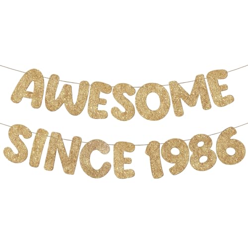 Image of Fulmoon Pre-strung Awesome Since 1986 Banner Glitter Happy 40th Birthday Banner Funny 40th Birthday Decorations 1986 Party Decorations for Men Women Anniversary(Champagne Gold)