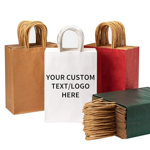 YEEHAW Personalized Custom Paper Bags, 50 Custom Printed Kraft Paper Bags for Small Business, 8x4.5x10.8 Inch Medium Size, DIY Retail Gift Bags with Logo, Brown Shopping Paper bag with Handle, Goodie