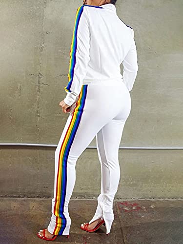 Flamingals Women's Casual Rainbow Striped 2 Piece Outfits Zip Up Flap Pocket Jacket Pants Tracksuit Set White Xl #TOP4