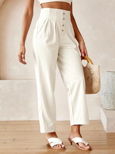 Women's High Elastic Waist Pants Dressy Casual Tapered Leg Button Front Trousers4