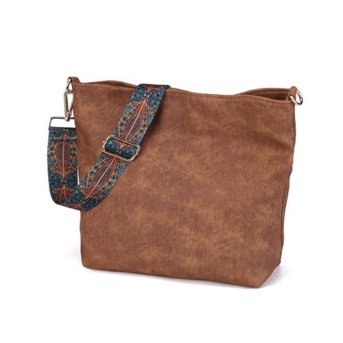 Bolsas Hobo para mulheres – Bolsa tiracolo despojada de couro vegano, bolsas de ombro para trabalho, viagens e fim de semana, Marrom