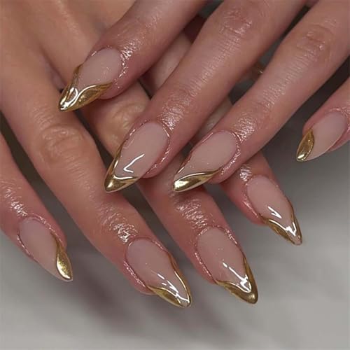 Almond Press on Nails Gold Fake Nails French Tip False Nail Press...