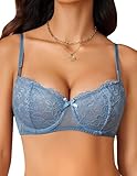 Avidlove Women's Sexy Lace Bra Sheer Balconette Underwire Unlined Everyday Bras Lingerie Dark Blue