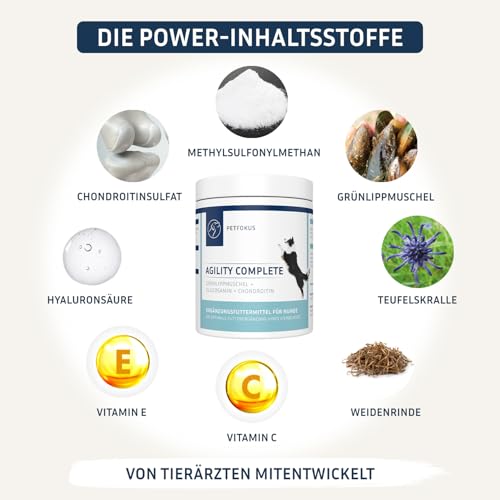 PetFokus Agility Complete | für gelenkempfindliche Hunde - natürliche Nahrungsergänzung - 11 wertvolle Inhaltsstoffe inkl. Grünlippmuschel, MSM, Teufelskralle - Pulver - in Deutschland produziert