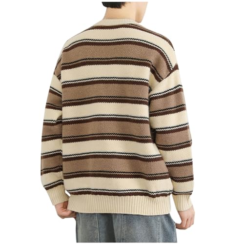 Retro Striped Sweater for Men,Autumn Winter Warm Vintage Sweater Round Neck Pullover Knitted Style Sweaters Tops2