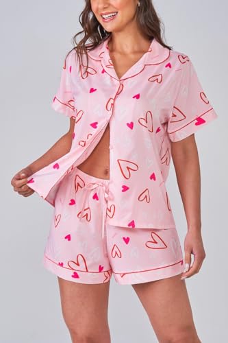 Image of Yiulangde Women's Easter Pajamas 2 Piece Sets Satin Short Sleeve Preppy Easter Eggs Bunny PJs Outfit Button Up Loungewear Set