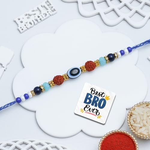 Image of eCraftIndia Evil Eye Rudraksha Rakhi for Brother Bhaiya Bhai with Best Bro Ever Fridge Magnet | Roli Chawal Pack
