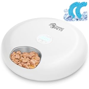 Ownpets Automatischer Katzenfutterautomat für Nass/Trockenfutter, Futterspender für Haustiere, mit Edelstahl-Schüssel-Einsätzen, 6 Mahlzeiten mit 2 Kühlakkus, schützen Pfoten Design, Weiß