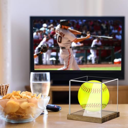 Image of Hooqict Softball Display Case Clear Acrylic Ball Holder UV Protected with Wood Base Stand, Softball Case Display Box Championship Square Box for Golf Tennis Game Ball Baseball