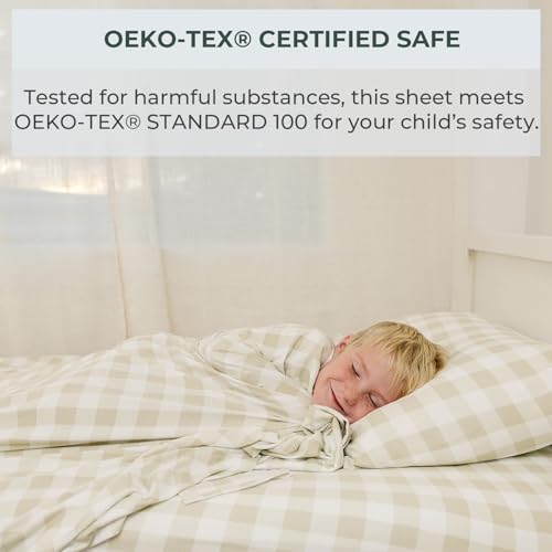 Image of Pobibaby Twin Sheet Set Kids, 3-Piece, Cotton Blend (Gingham Khaki) | Kids Bed Sheet Set, 3-Piece, Fitted Sheet, Flat Sheet, Pillowcase, Cotton Blend, Deep Pockets, Soft, Machine Wash, Seasons