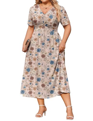 IN'VOLAND Plus Size Midi Summer Dresses for Womens Short Sleeve Dresses Floral Dress Casual Flowy Long Dress at Amazon Women's Clothing store