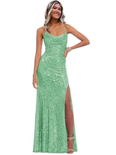 Image of Stylefun Women's Halter Mermaid Prom Dresses with Slit Long Sequin Formal Cocktail Party Dress STN027