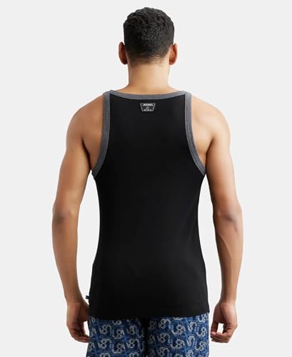 Image of Jockey US27 Men's Super Combed Cotton Rib Square Neck Gym Vest (Shoulder Strap Color May Vary) Black & Charcoal S