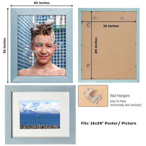 Image of Rustic Wooden Poster Picture Frame 18x24 - Natural Solid Eco Distressed Wood for Wall Mounting Photo Frame - Blue
