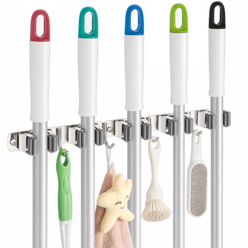 Foensc 5 Racks and 4 Hooks Mop and Broom Holder Wall Mount, Improved Non-Slip Broom Hanger Wall Mount, Self Adhesive Broom Organizer Storage Tool Racks for Home Kitchen Garden Laundry Garage