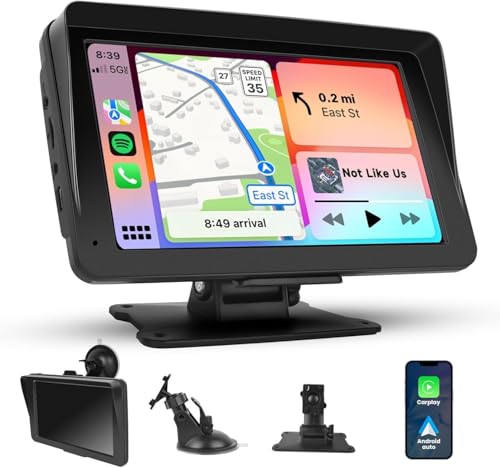 Podofo Wireless Carplay Screen, 7 Portable Car Stereo & Car Radio with Apple CarPlay, Android Auto, HD Touchscreen, Bluetooth, Mirrorlink, Voice Control, FM Transmission, GPS, TF Card, AUX