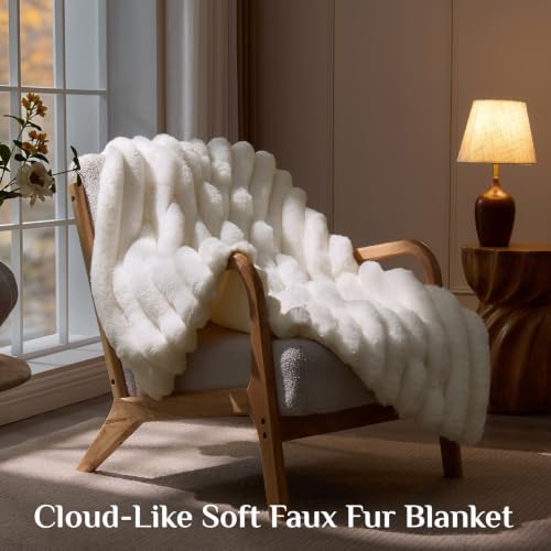 BEDELITE Faux Fur Throw Blanket for Couch, 770GSM, 50" x 60", Cream | Soft and Cozy Luxurious 3D Striped Fluffy Blanket, Warm Plush Fuzzy Faux Rabbit Fur for Women Gift, Stylish Room Decor - image 5
