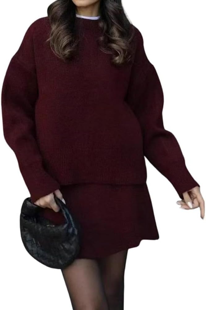 chouyatou Women's 2 Piece Sweater Skirt Sets Casual Loose Pullover Tops Mini Knitted Skirt Two Piece Outfits