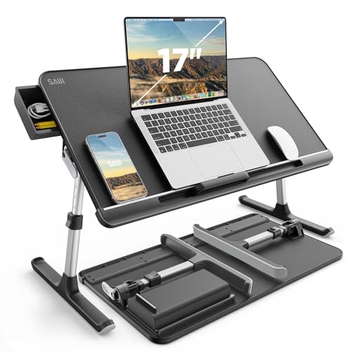 Product Image of the SAIJI Laptop Bed Desk Table - Portable Laptop Stand for Bed with Storage Drawer, Adjustable Lap Desk Bed Tray Fits 17' Laptop with PVC Leather for Work from Home & Dorm Study Essential (Dark Black)