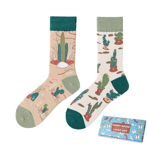 NxnChc Calcetines Divertidos Unisex para Mujer y Hombre con Diseños Asimétricos en Par - Temas Cactus Animales, Comida, Fruta, Deporte y Arte en Algodón - Ideal para Regalos