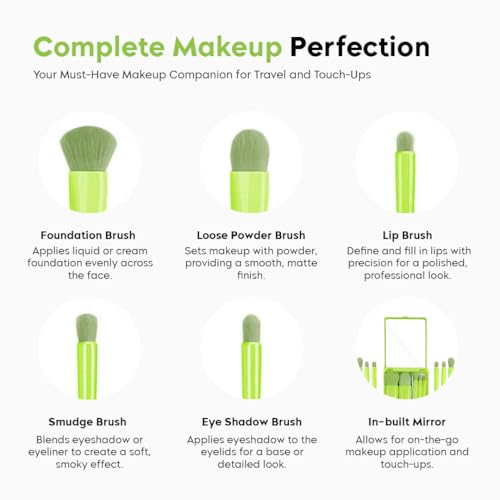 Image of Gleva Travel Size Mini Makeup Brushes Set with Mirror Small Complete Function Cosmetic 5 Pcs Brushes Kit Case Apply to Face Foundation Powder Concealers Eyebrow Eyeshadow (Green)