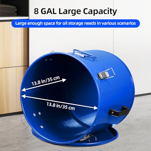 8 Gal Fryer Grease Bucket, Oil Disposal Caddy, Steel Fryer Oil Transport Container with Rust-Proof Coating, Deep Fryer Oil Disposal Container with Lid & Lock Clips & Filter Bag for Cooking