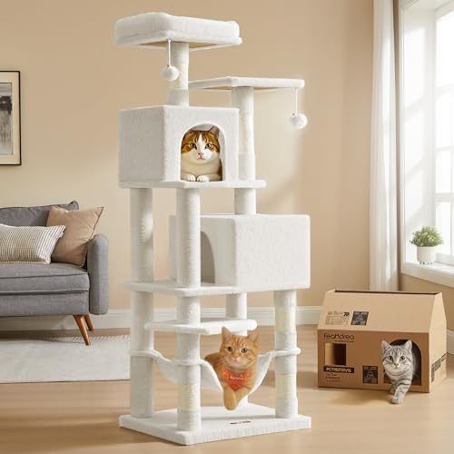 Image of Feandrea Cat Tree, 59.5-Inch Tall Cat Tower, Plush Multi-Level Condo with 5 Scratching Posts, 2 Perches, 2 Caves, Hammock, 2 Pompoms, Cream White UPCT192T01